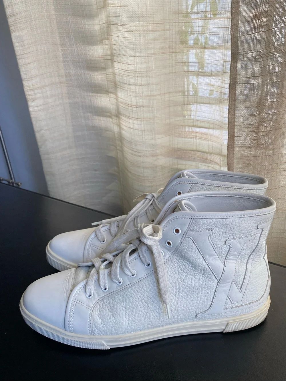 Louis Vuitton Cream White High-Top Leather Sneakers 37 Laced Rubber Shoes Italy